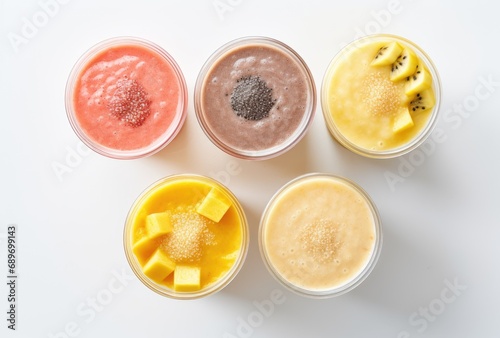 Four cups with different types of smoothies in them