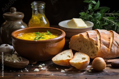 Artisanal Smen, a North African fermented butter delicacy, presented in a rustic setting with bread and herbs