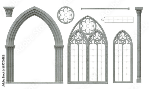 3D illustration. Set of gothic cathedral window elements textures photo