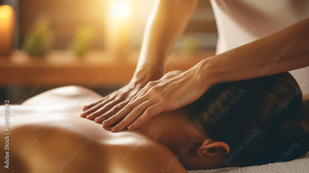 Obraz premium Women's hands make a therapeutic neck massage for a girl lying on a massage couch in a massage spa salon.