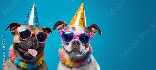 Happy Birthday, carnival, New Year's eve, sylvester or other festive celebration, funny animals card - Group of french bulldogs dogs with party hat and sunglasses on blue background with confetti