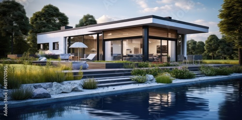 A rendering of a house with a swimming pool © pham