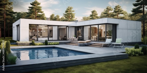 A rendering of a house with a swimming pool © pham