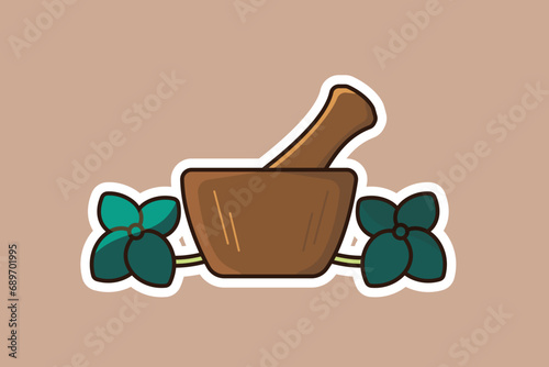 Mortar and Pestle Sticker design vector illustration. Kitchen and pharmacy equipment design concept. Grinder bowl, Ayurvedic medicine bowl sticker design logo.