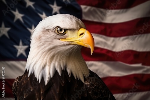 A bald eagle standing in front of an american flag