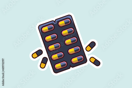 Capsule Pills Strip Sticker vector illustration. Healthcare medicine icon concept. Medicines pills packing tablets sticker design logo with shadow.