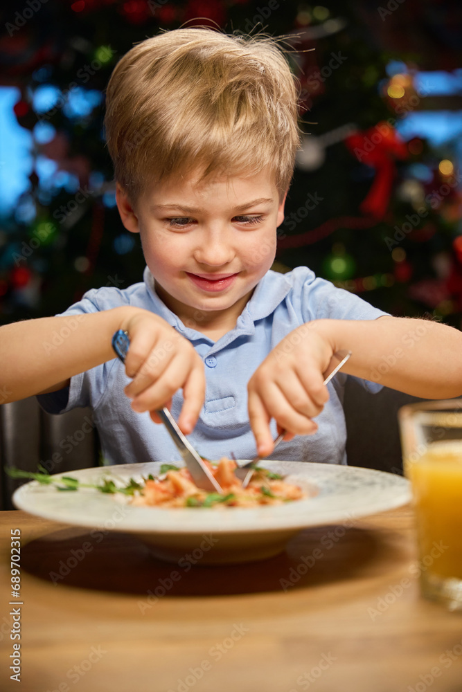Little boy having festive dinner in restaurant during Christmas celebration