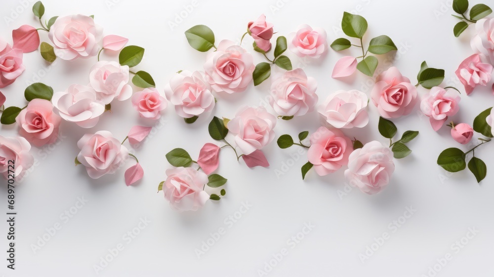 Obraz premium A group of pink roses with green leaves on a white background