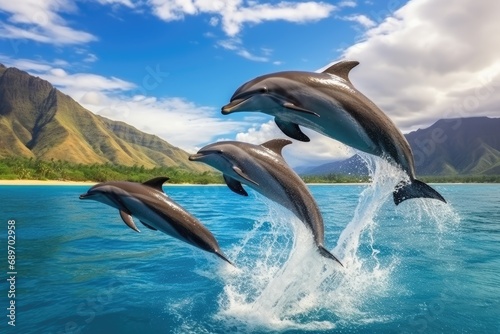 A group of dolphins jumping out of the water © pham