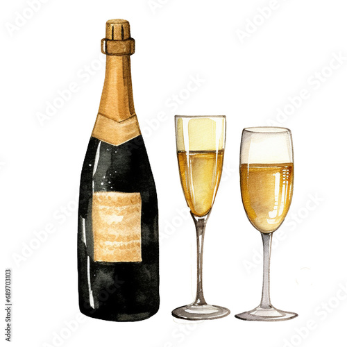 Champagne bottle with glass ,watercolor isolated on transparent background. Ai Generate