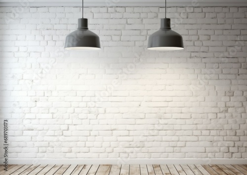 Retro interior room with white brick wall and white wooden floor and spotlights
