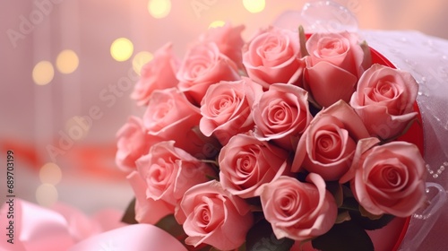 Valentine's day concept a bouquet of dusty pink roses on smooth background of hearts, holiday greeting card.