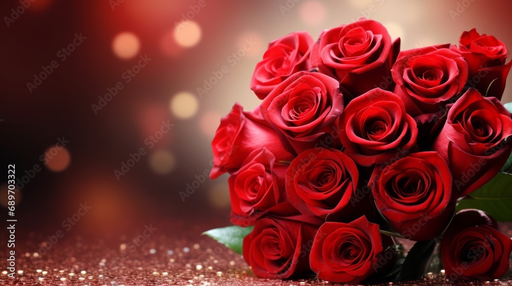 Valentine's day concept a bouquet of red roses on smooth background of hearts, holiday greeting card.
