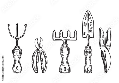 Gardening tools outline collection. Sketches set of cultivator, secateurs, rake, hand spade, scissors. Vector illustration in engraving style isolated on white.