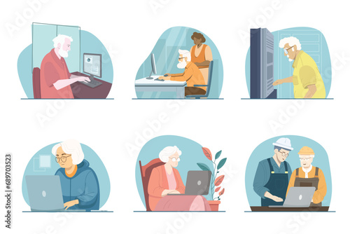 Senior people working set. Tapping on keyboard, using computer, looking at laptop. Elderly people learning, working , using technology concept .Working at office or freelancer at home vector set.