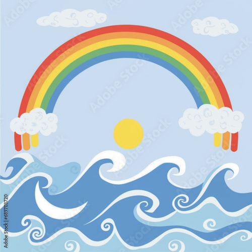 Clouds and ocean waves, rainbow background design © MuhammadKhalid