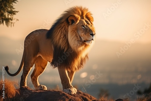A lion standing on top of a rocky hill © pham