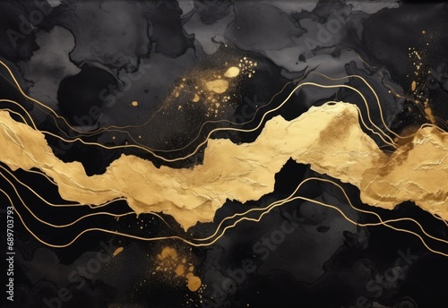 Japanese abstract painting with gold and black colors