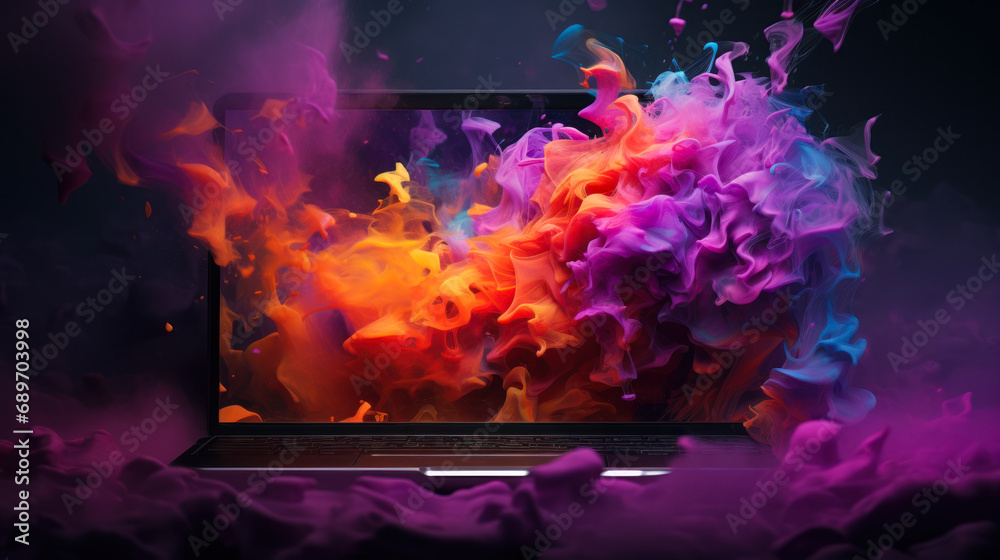 advertisement for creative high performance laptop with colors exploding from the display