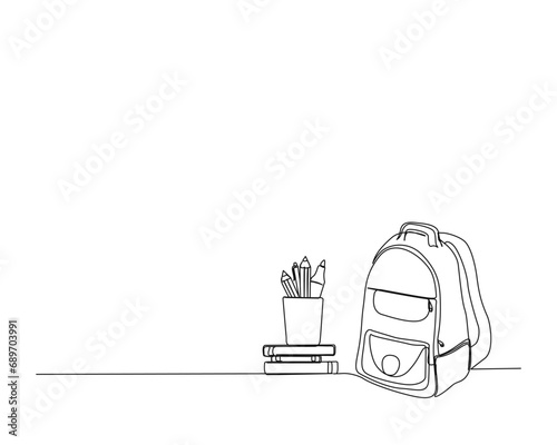 Continuous one line drawing of school bag and books. Stationery outline vector illustration. Back to school and education concept. Editable stroke.