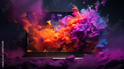 advertisement for creative high performance laptop with colors exploding from the display