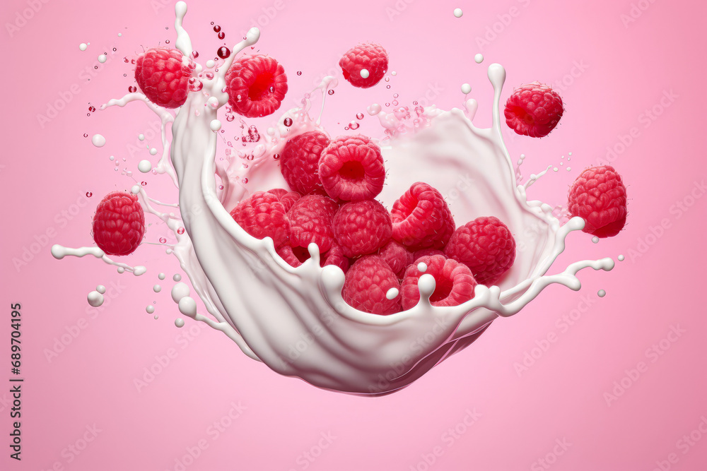 Milk or yogurt splash with raspberries. Pink background.