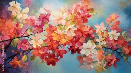 a vibrant floral painting, its blossoms and leaves radiating with vivid colors, conveying the beauty of nature through the lens of artistic interpretation and skill.