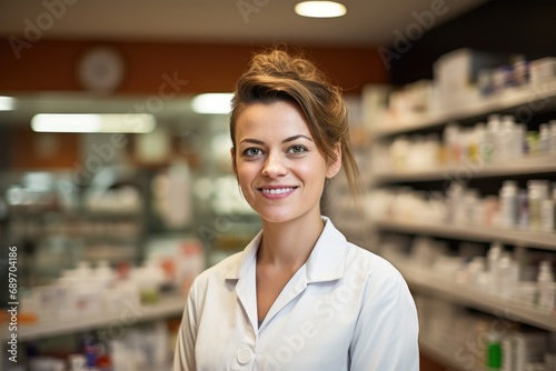 A woman standing in front of a shelf of bottles