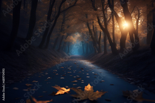 Forest Road. Evening forest. Fairy forest. AI generated