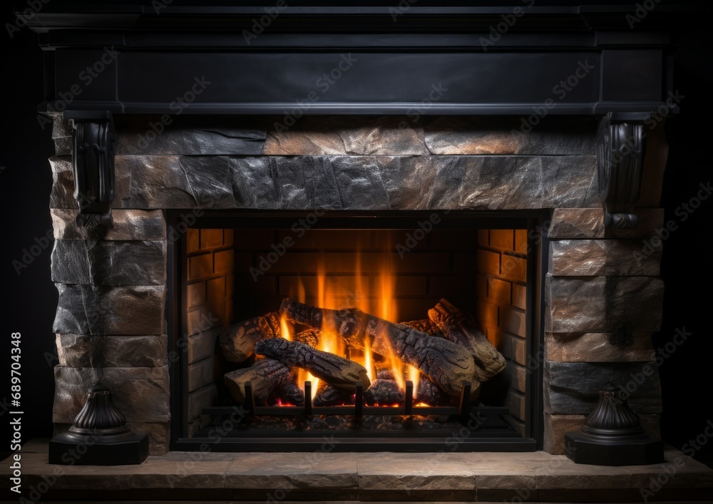 Decorative fireplace with a burning flame isolated on a black background