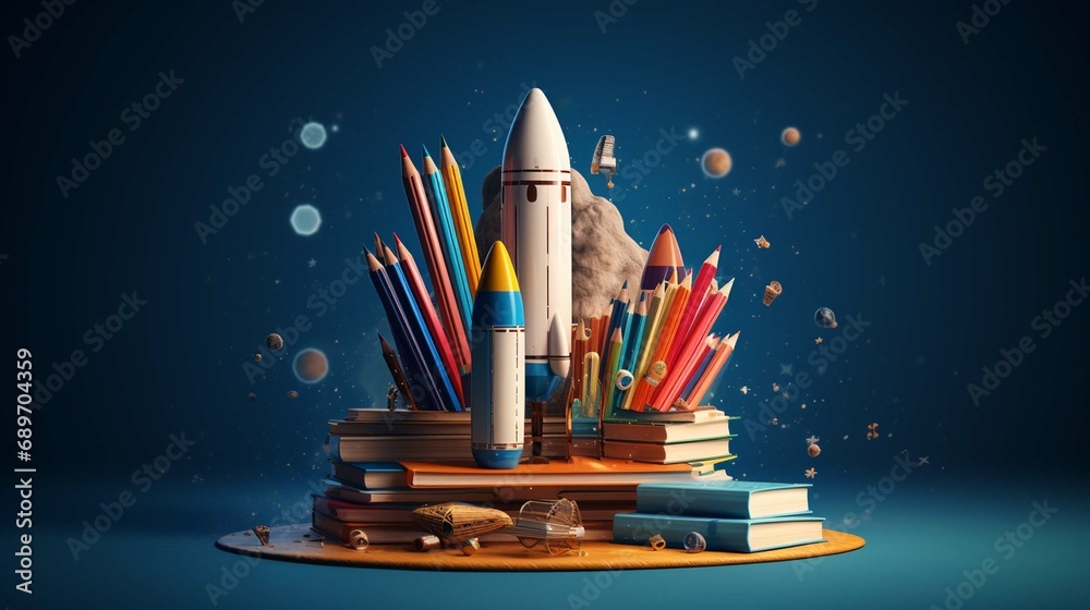 
Back To School - Books And Pencils With Rocket Sketch