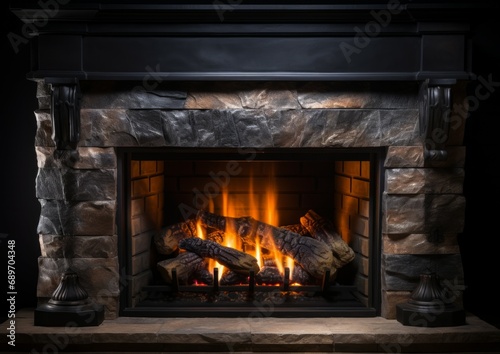 Decorative fireplace with a burning flame isolated on a black background