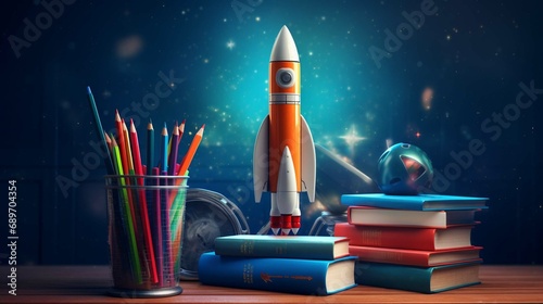  Back To School - Books And Pencils With Rocket Sketch