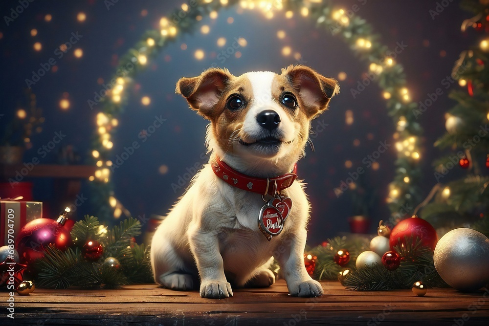 dog with christmas gift and with christmas tree and lights dog with christmas gift and with christmas tree and lights