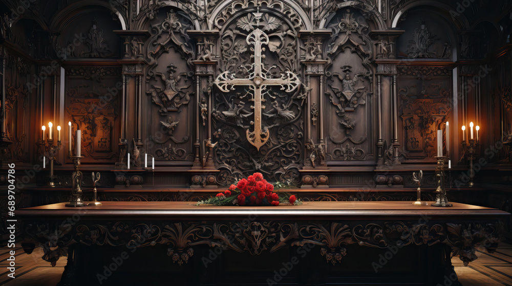 Obraz premium Cross and Religious Symbols on an Intricately Carved Wooden Altar in a Historic Church. Concept of Spiritual Heritage, Sacred Space, and Artistic Devotion.