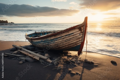 a battered old fishing boat washed up on the beach