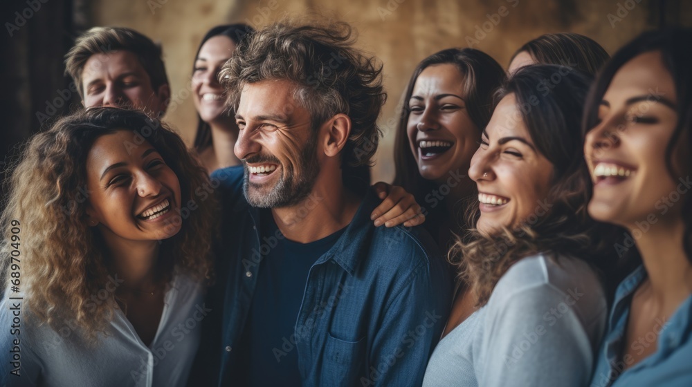 Happiness group of people huddle and smiling together. Solidarity and teamwork concept.