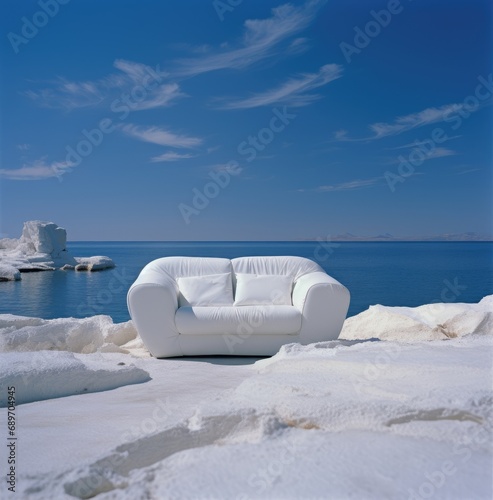A white couch sitting on top of snow covered ground