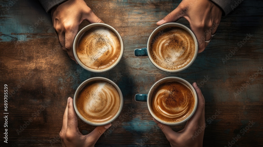 Closeup of people holding coffee latte art with high angle view. Closeup of people holding coffee latte art with high angle view.