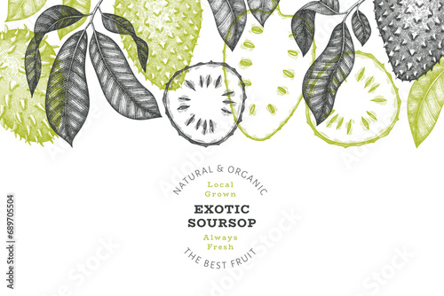 Hand drawn sketch style soursop fruit banner. Organic fresh fruit vector illustration. Retro guanabana design template