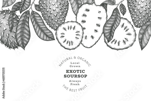 Hand drawn sketch style soursop fruit banner. Organic fresh fruit vector illustration. Retro guanabana design template
