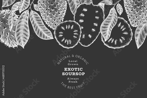 Hand drawn sketch style soursop fruit banner. Organic fresh fruit vector illustration on chalk board. Retro guanabana design template photo