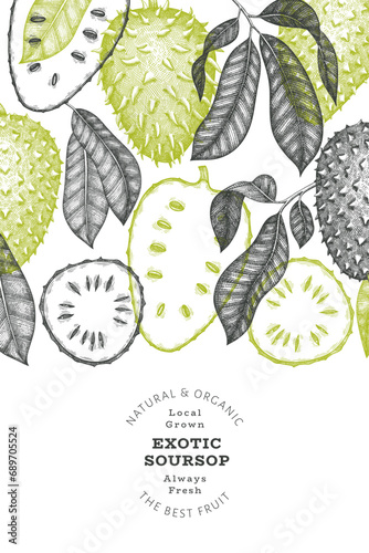 Hand drawn sketch style soursop fruit banner. Organic fresh fruit vector illustration. Retro guanabana design template