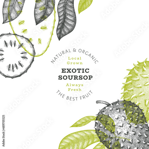 Hand drawn sketch style soursop fruit banner. Organic fresh fruit vector illustration. Retro guanabana design template