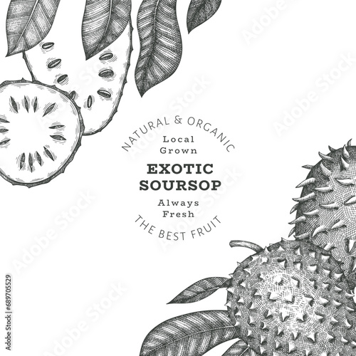 Hand drawn sketch style soursop fruit banner. Organic fresh fruit vector illustration. Retro guanabana design template