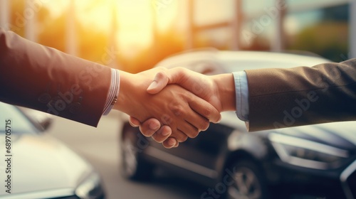 Customer shake hand with auto insurance agents after agreeing to terms of insurance with blurred car on background photo