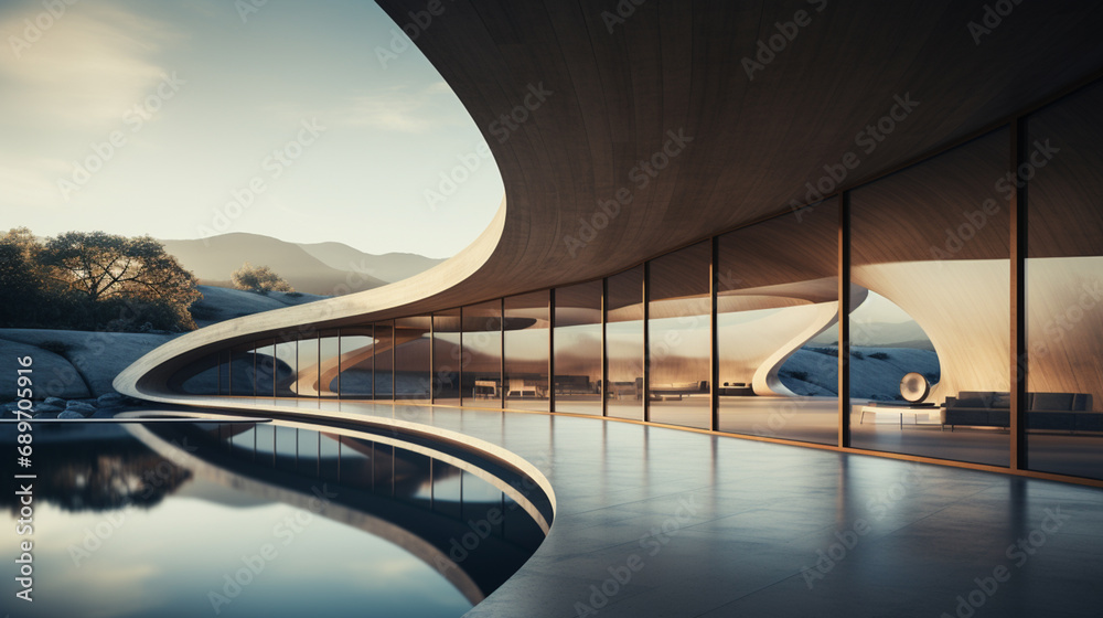 Minimalist design of sustainable and eco-friendly architecture, portraying the future of environmentally conscious building. - obrazy, fototapety, plakaty 