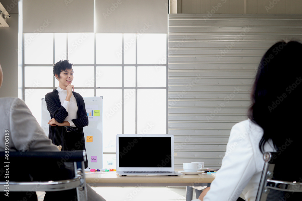 Achievement successful beautiful businesswoman shares experience success, gives presentation at conference meeting desk, businesspeople have discussion about project work in office workplace Achievement successful beautiful businesswoman shares experience success, gives presentation at conference meeting desk, businesspeople have discussion about project work in office workplace