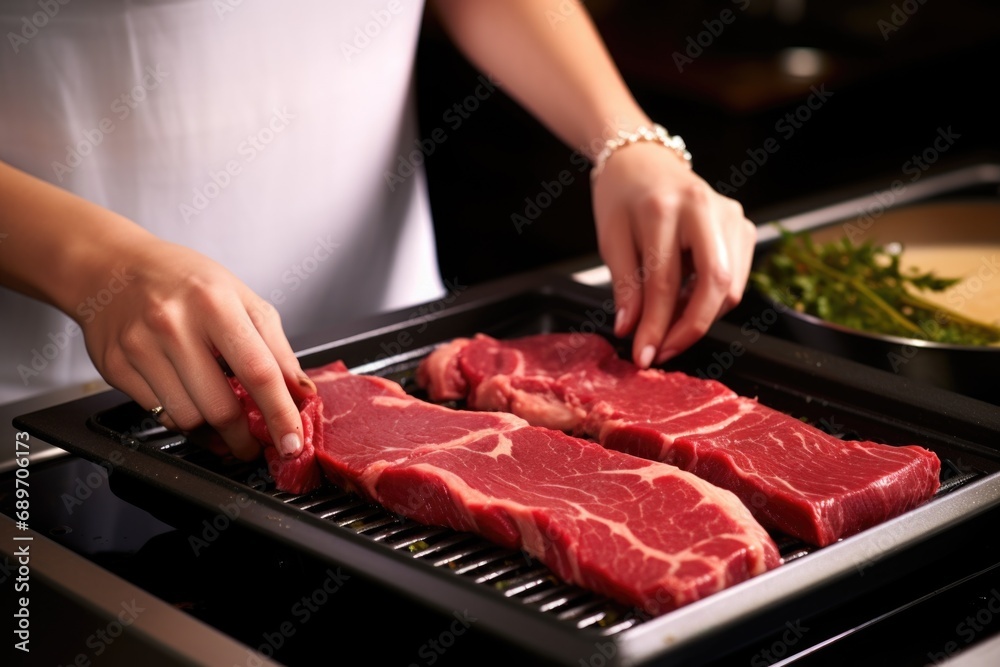 woman marinating beef cuts on a grill pan