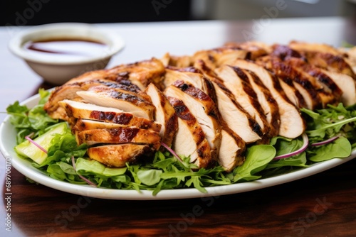sliced grilled chicken on a bed of salad greens